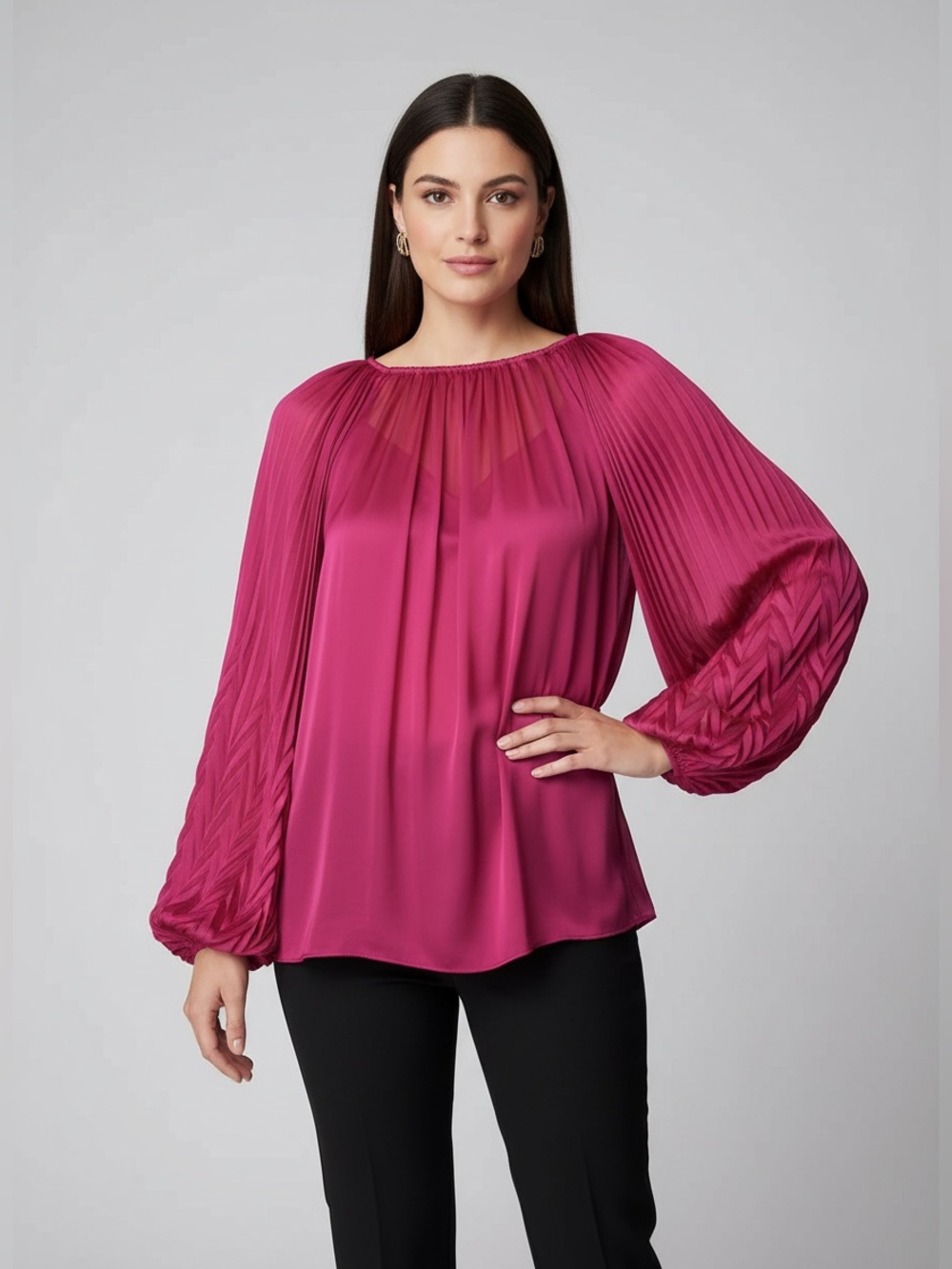 Philosophy Fuchsia Pleated-Sleeve V-Neck Blouse